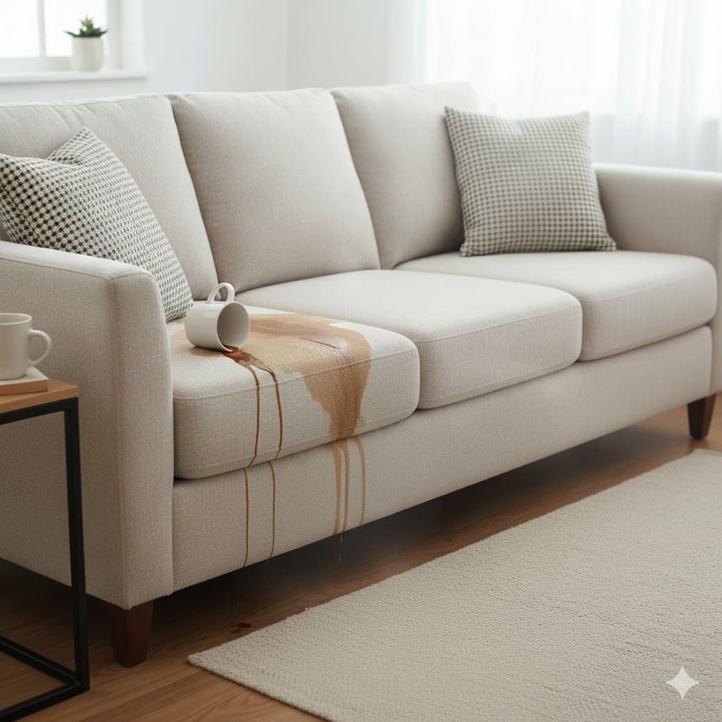 Canapé en tissu blanc très sale avec taches de café et jaunissement avant nettoyage